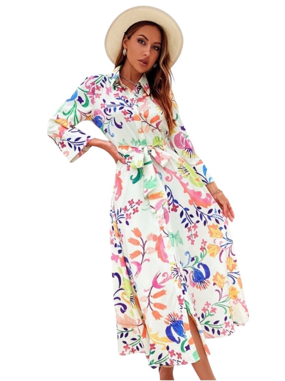 Zara off white Midi Shirt Dress with Multicolor Floral Print